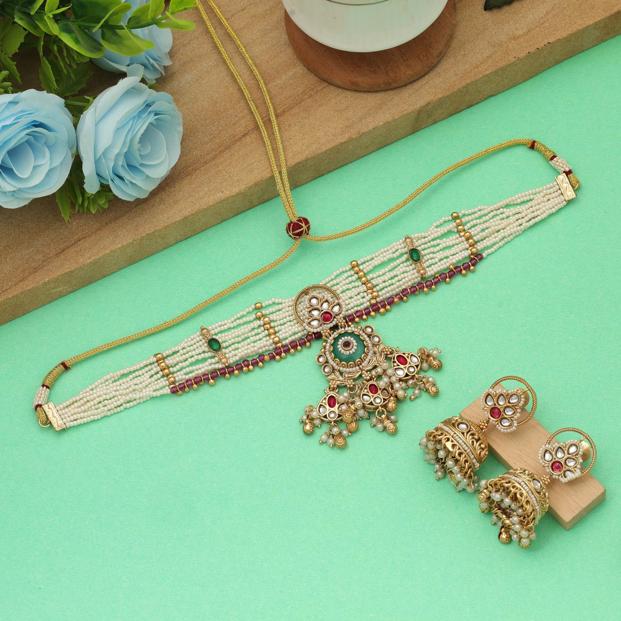 Rama Green Color Choker Matte Gold Necklace Set Ethnic