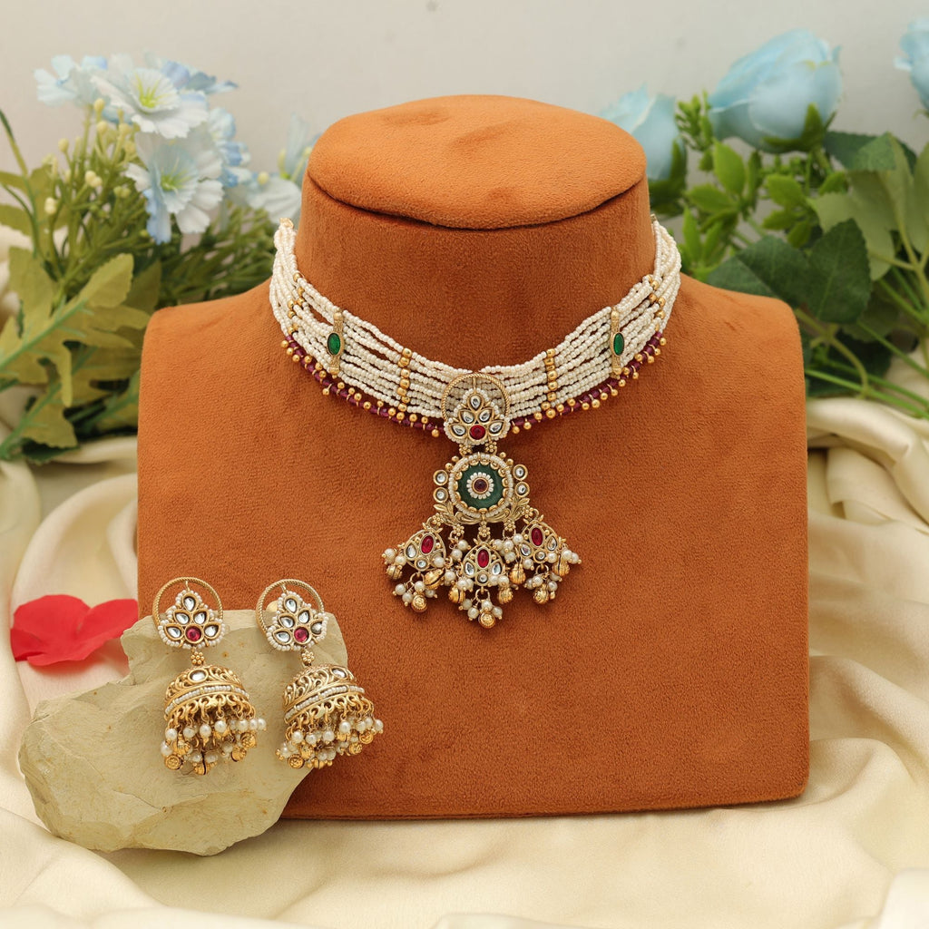 Rama Green Color Choker Matte Gold Necklace Set Ethnic