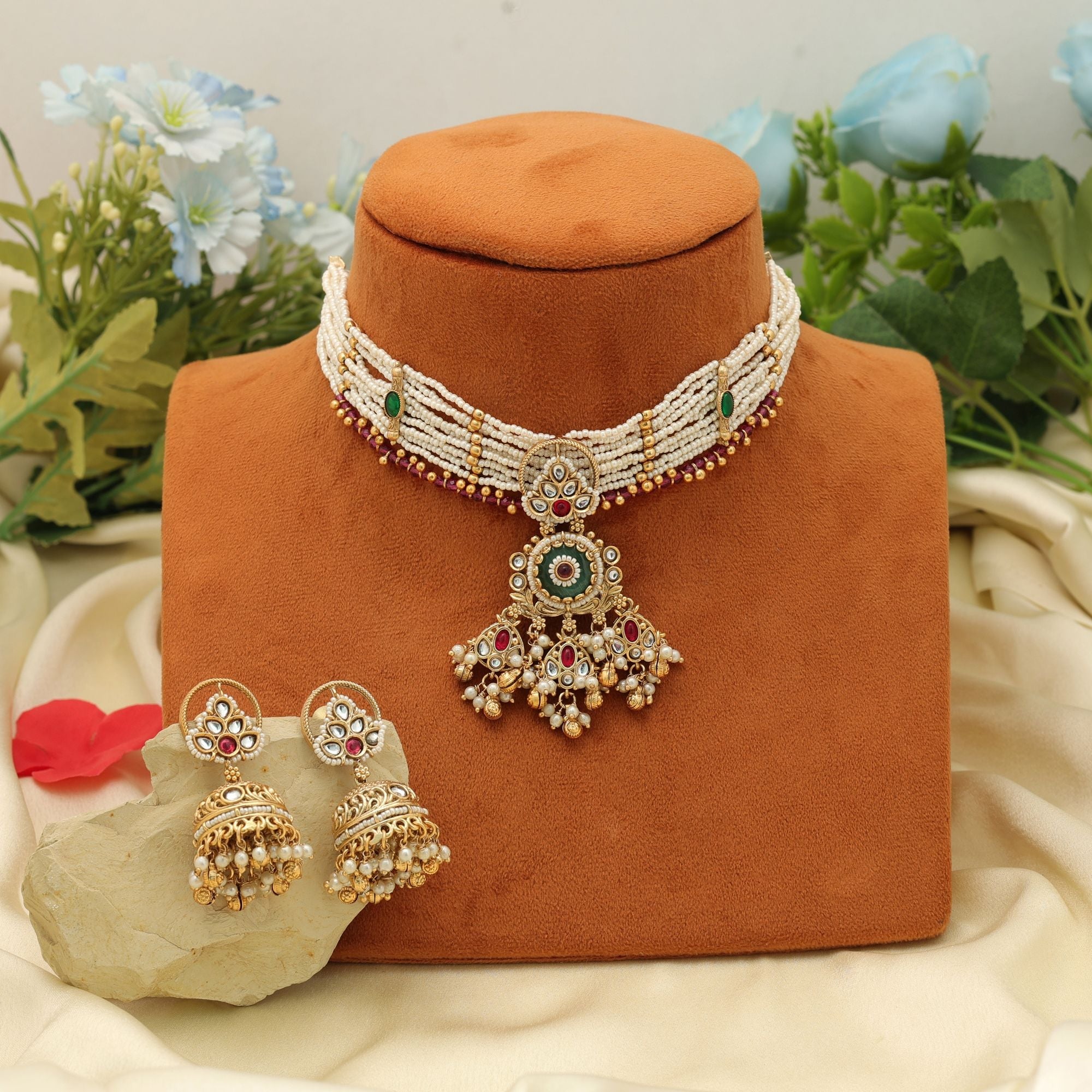 Rama Green Color Choker Matte Gold Necklace Set Ethnic
