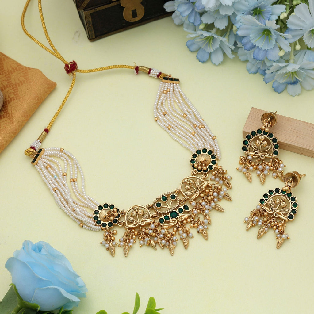 Green Color Choker Matte Gold Necklace Set Daily Wear