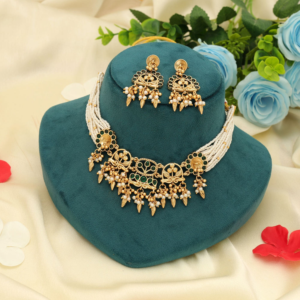 Green Color Choker Matte Gold Necklace Set Daily Wear