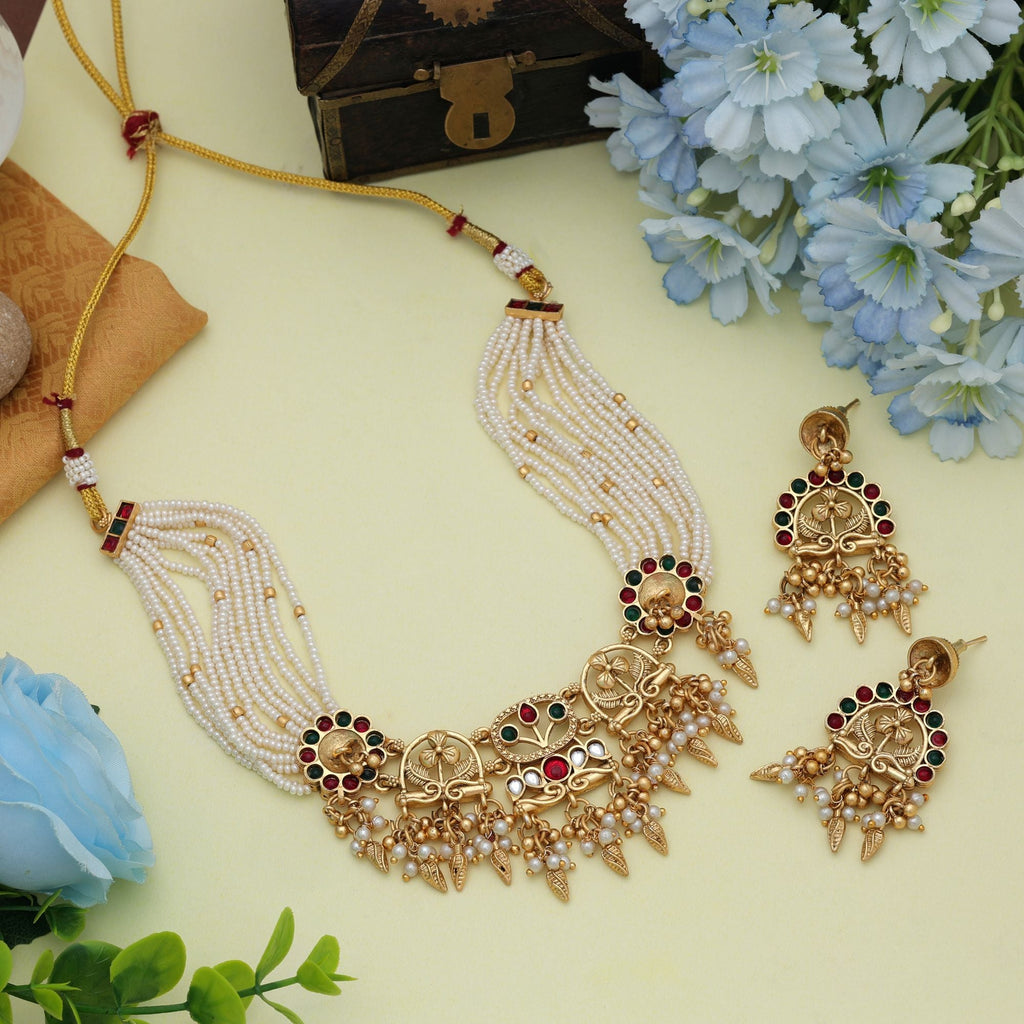 Rani & Green Color Choker Matte Gold Necklace Set Ethnic