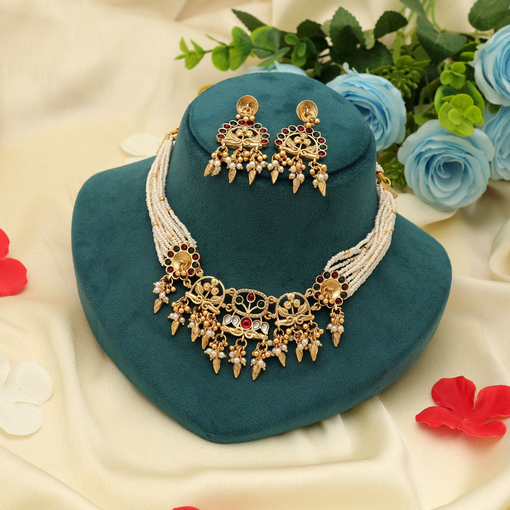 Rani & Green Color Choker Matte Gold Necklace Set Ethnic