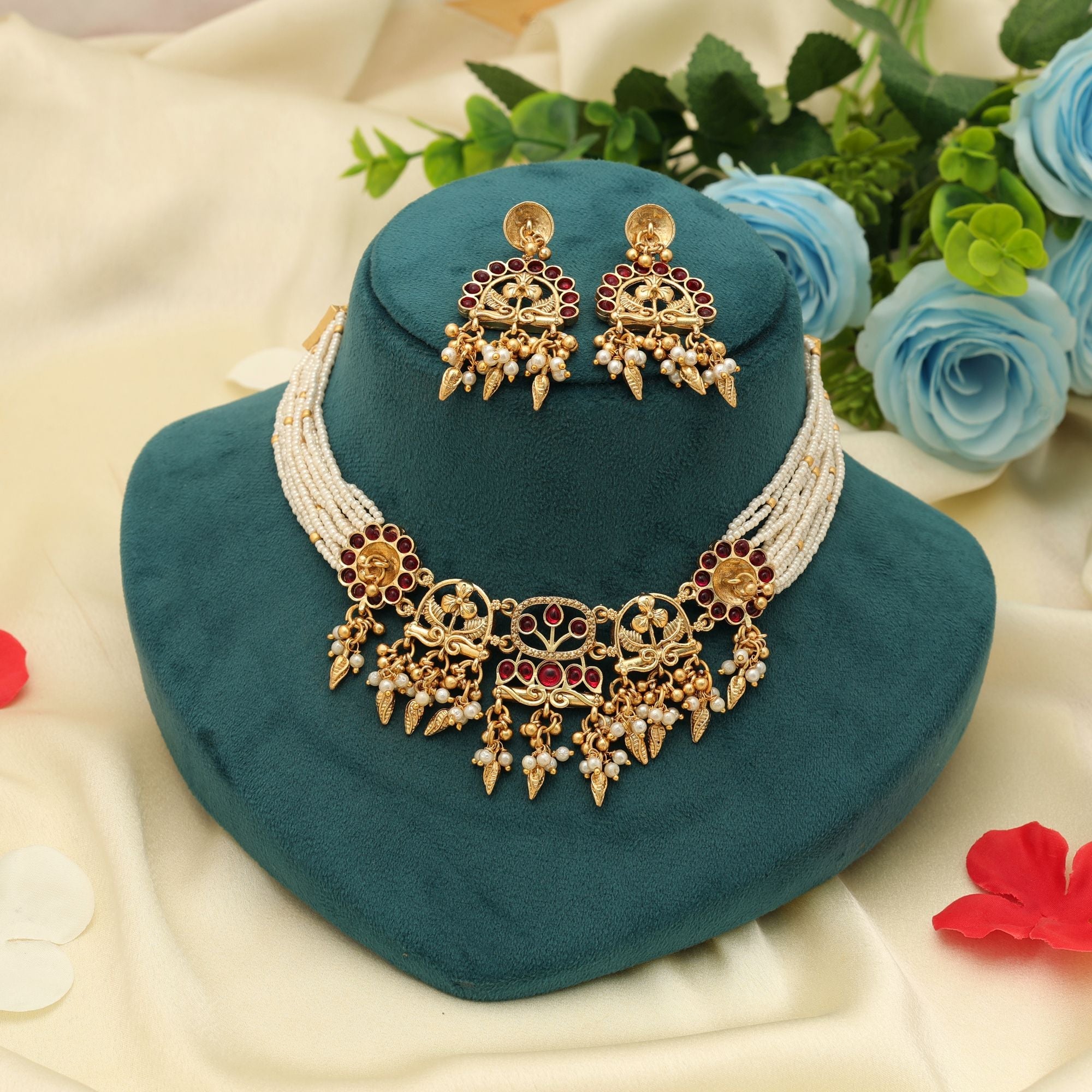 Rani Color Choker Matte Gold Necklace Set Party Wear