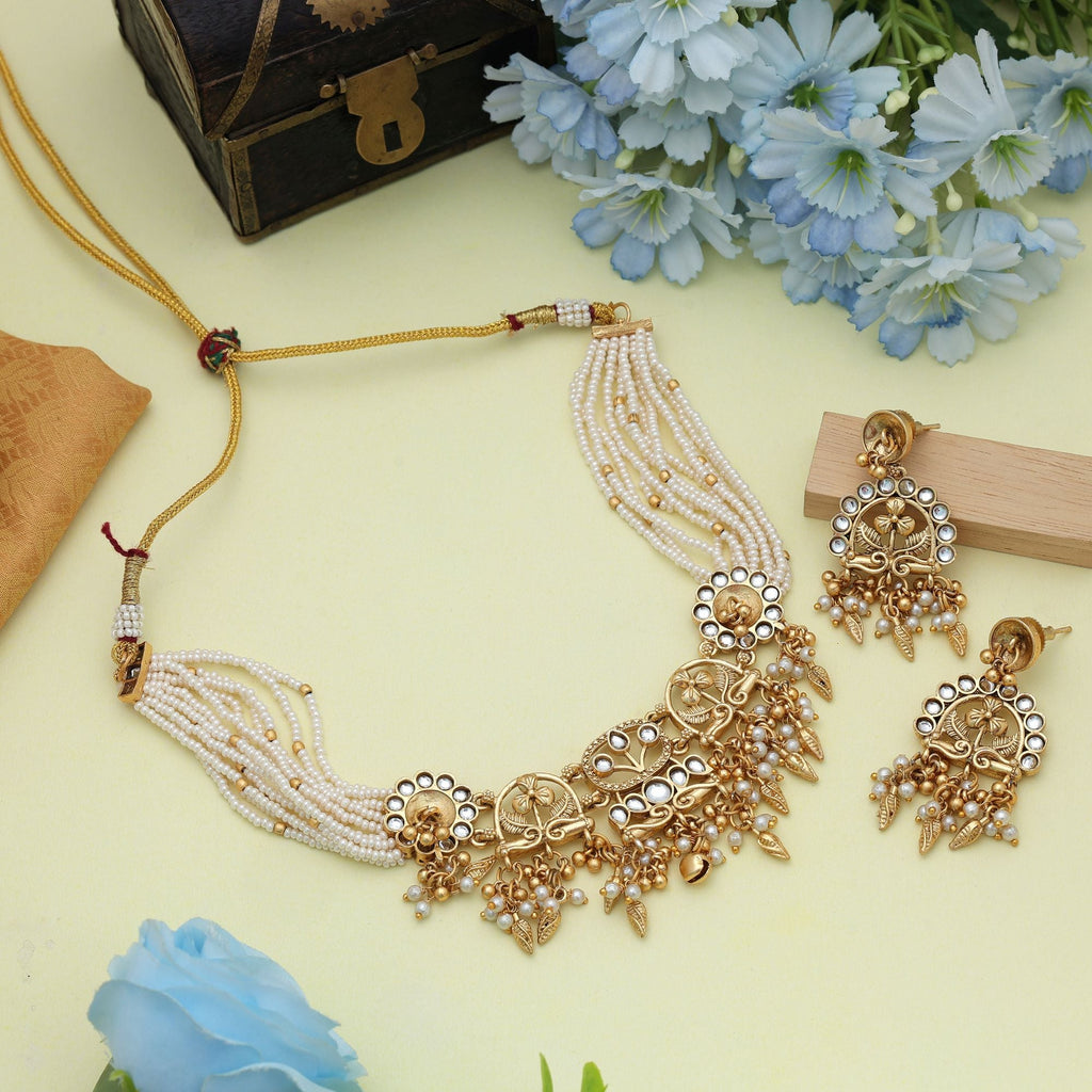 White Color Choker Matte Gold Necklace Set Stylish