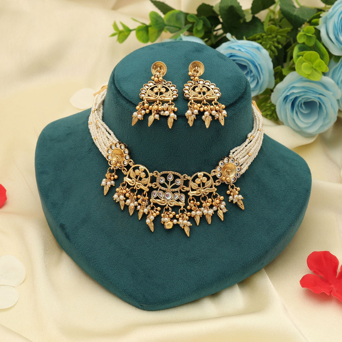 White Color Choker Matte Gold Necklace Set Stylish