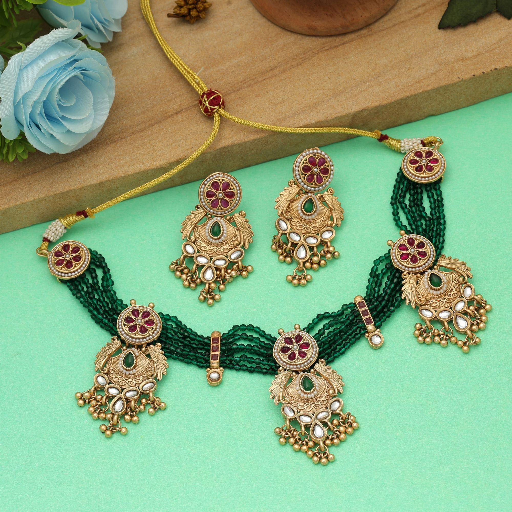 Rani & Green Color Choker Matte Gold Necklace Set Festive