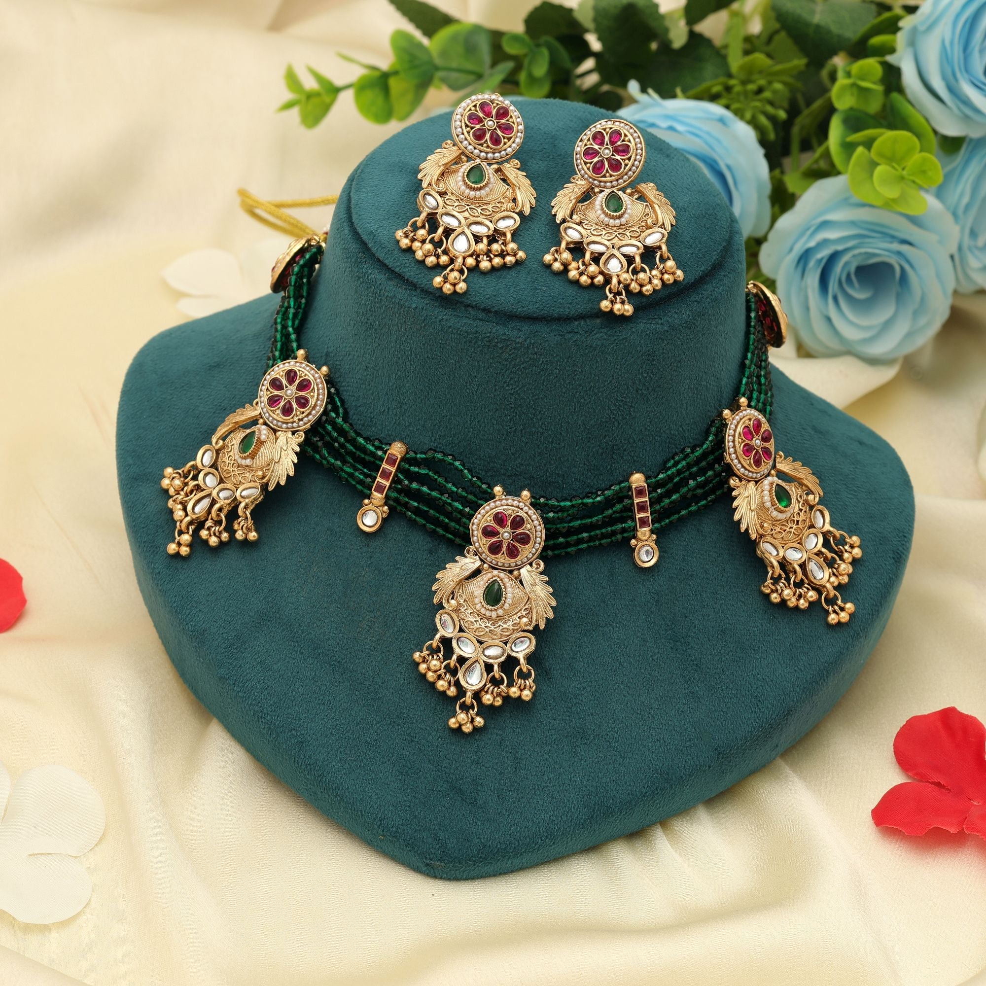Rani & Green Color Choker Matte Gold Necklace Set Festive
