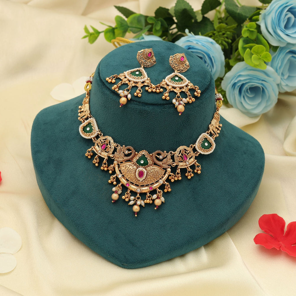 Rani & Green Color Matte Gold Necklace Set Bridal