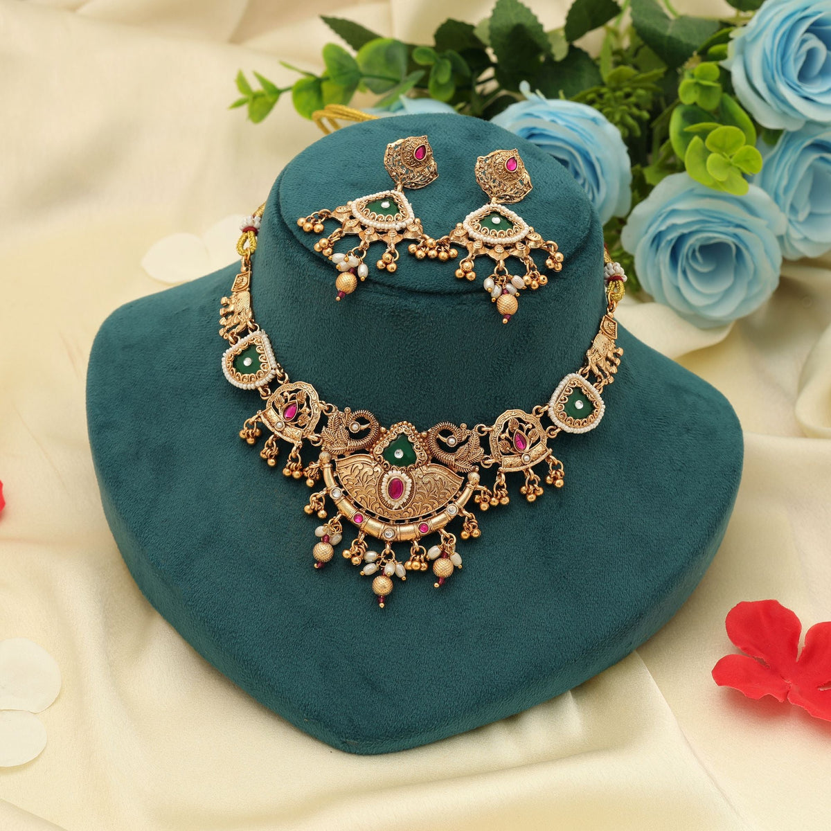 Rani & Green Color Matte Gold Necklace Set Bridal