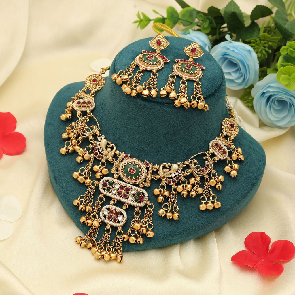 Rani & Green Color Matte Gold Necklace Set Party Wear