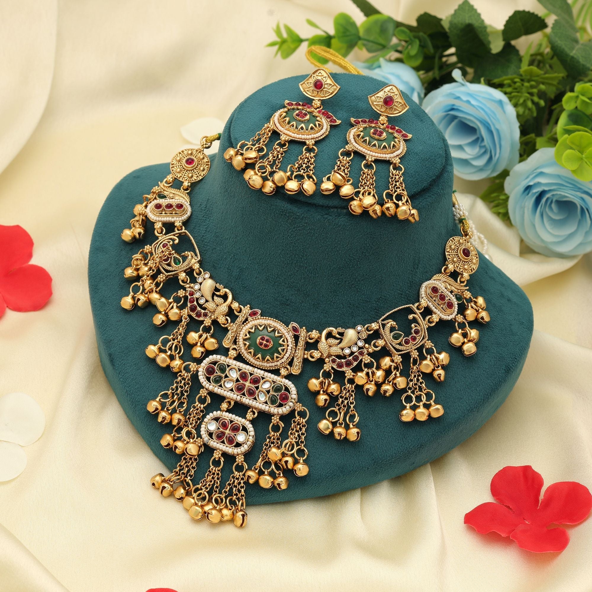 Rani & Green Color Matte Gold Necklace Set Party Wear