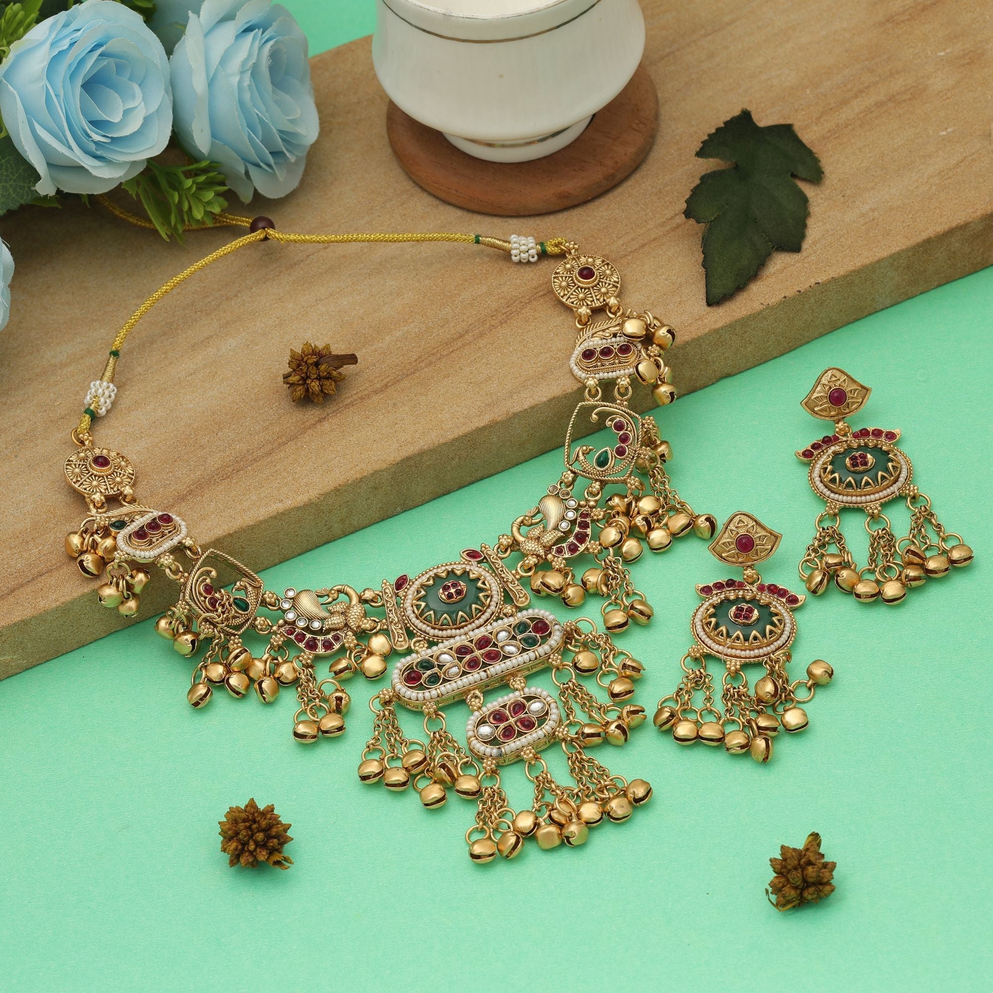 Rani & Green Color Matte Gold Necklace Set Party Wear
