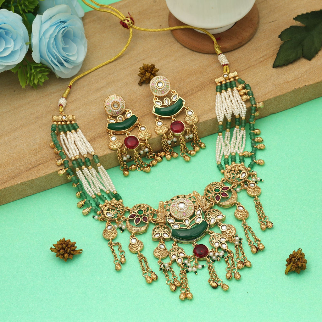 Maroon & Green Color Matte Gold Necklace Set Bridal