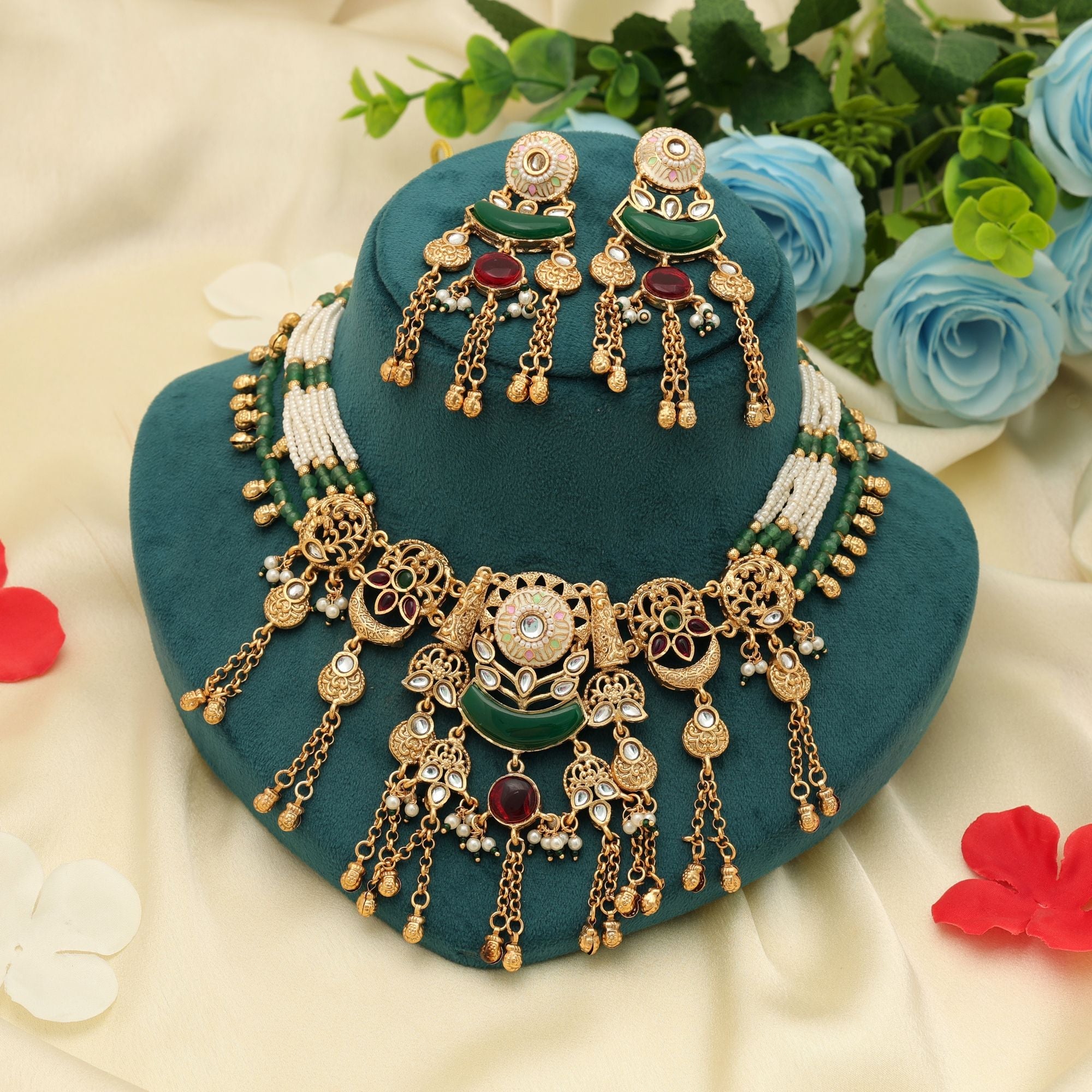 Maroon & Green Color Matte Gold Necklace Set Bridal