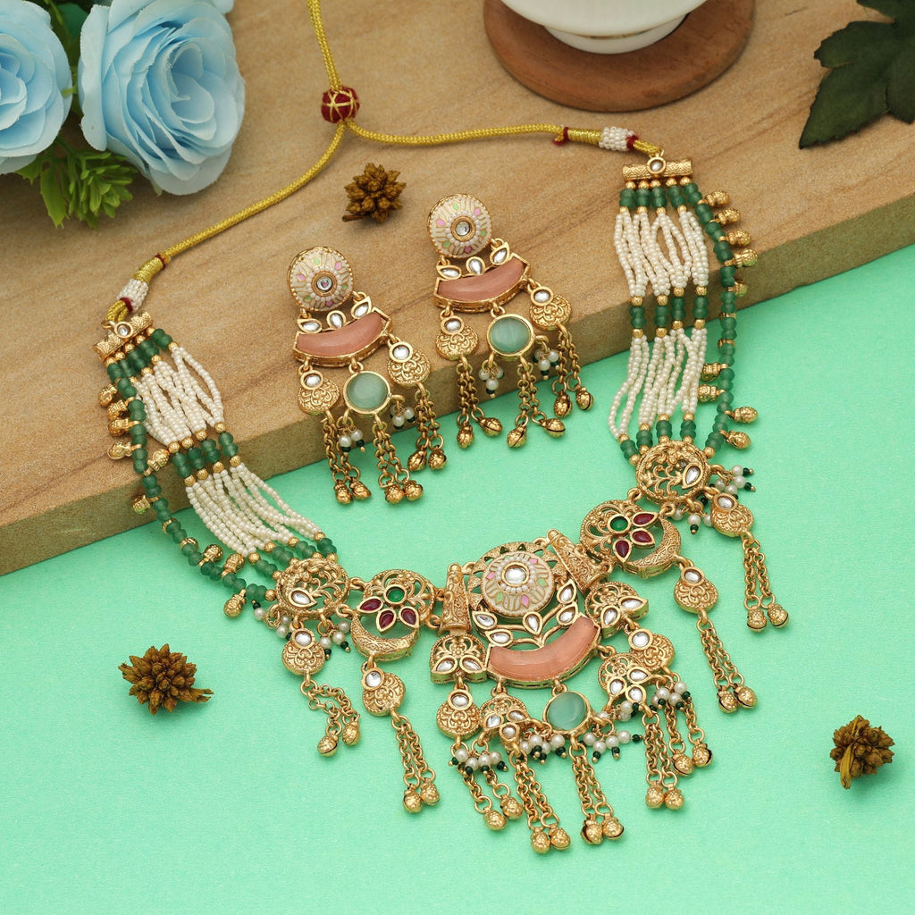 Multi Color Matte Gold Necklace Set Designer