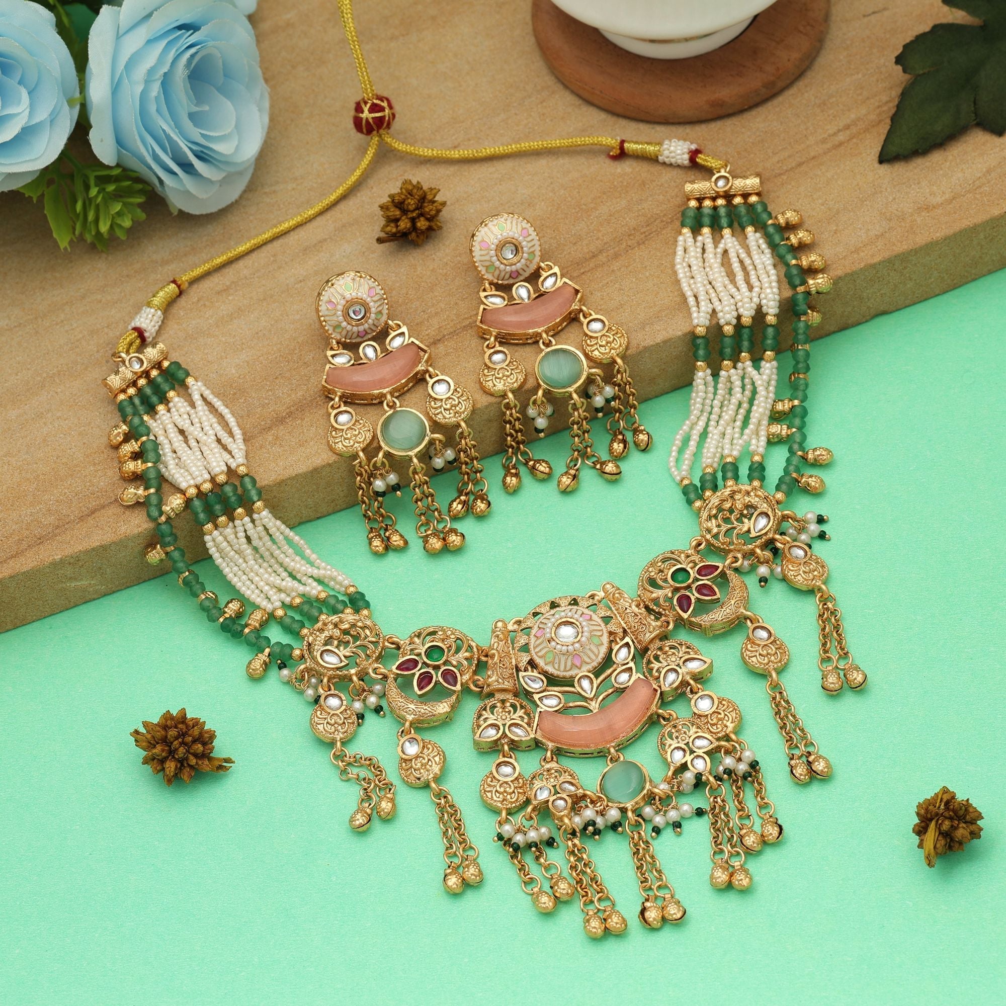Multi Color Matte Gold Necklace Set Designer