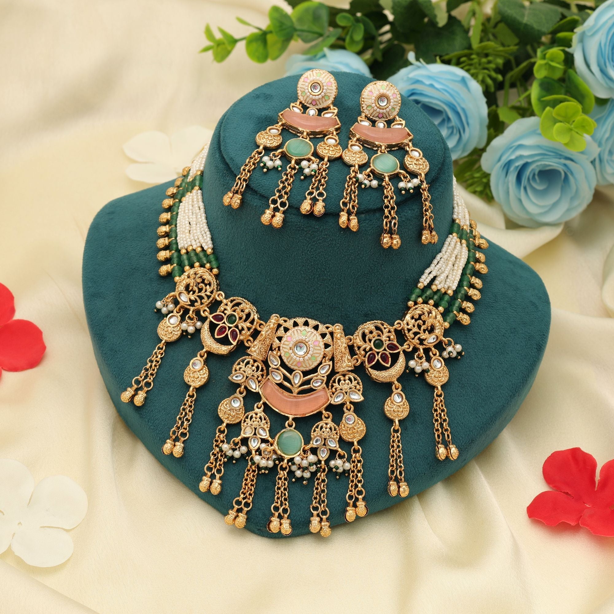 Multi Color Matte Gold Necklace Set Designer