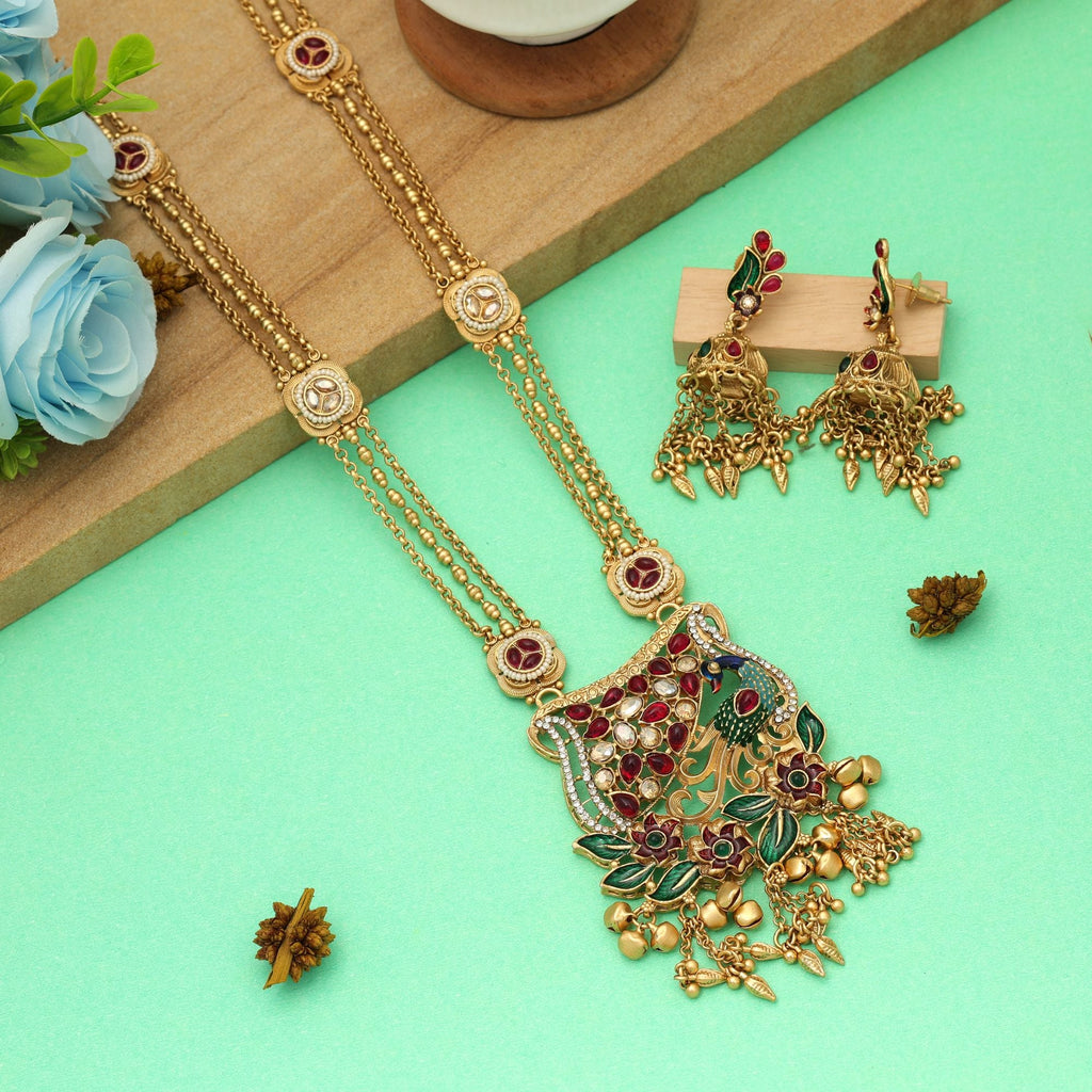 Multi Color Meena Work Matte Gold Necklace Set Ethnic