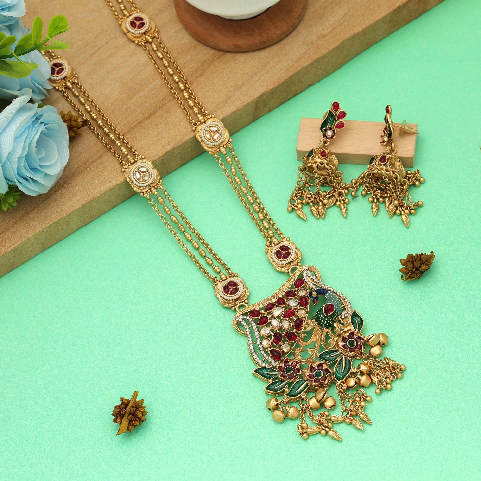 Multi Color Meena Work Matte Gold Necklace Set Ethnic