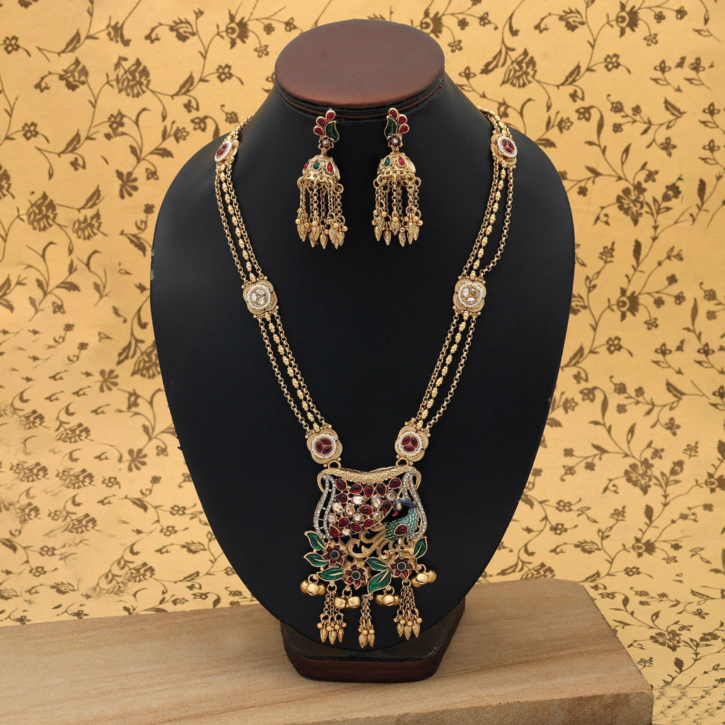 Multi Color Meena Work Matte Gold Necklace Set Ethnic