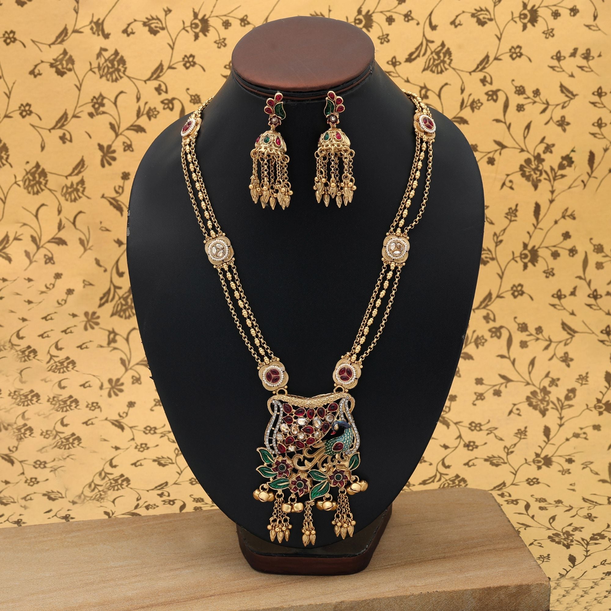 Multi Color Meena Work Matte Gold Necklace Set Ethnic