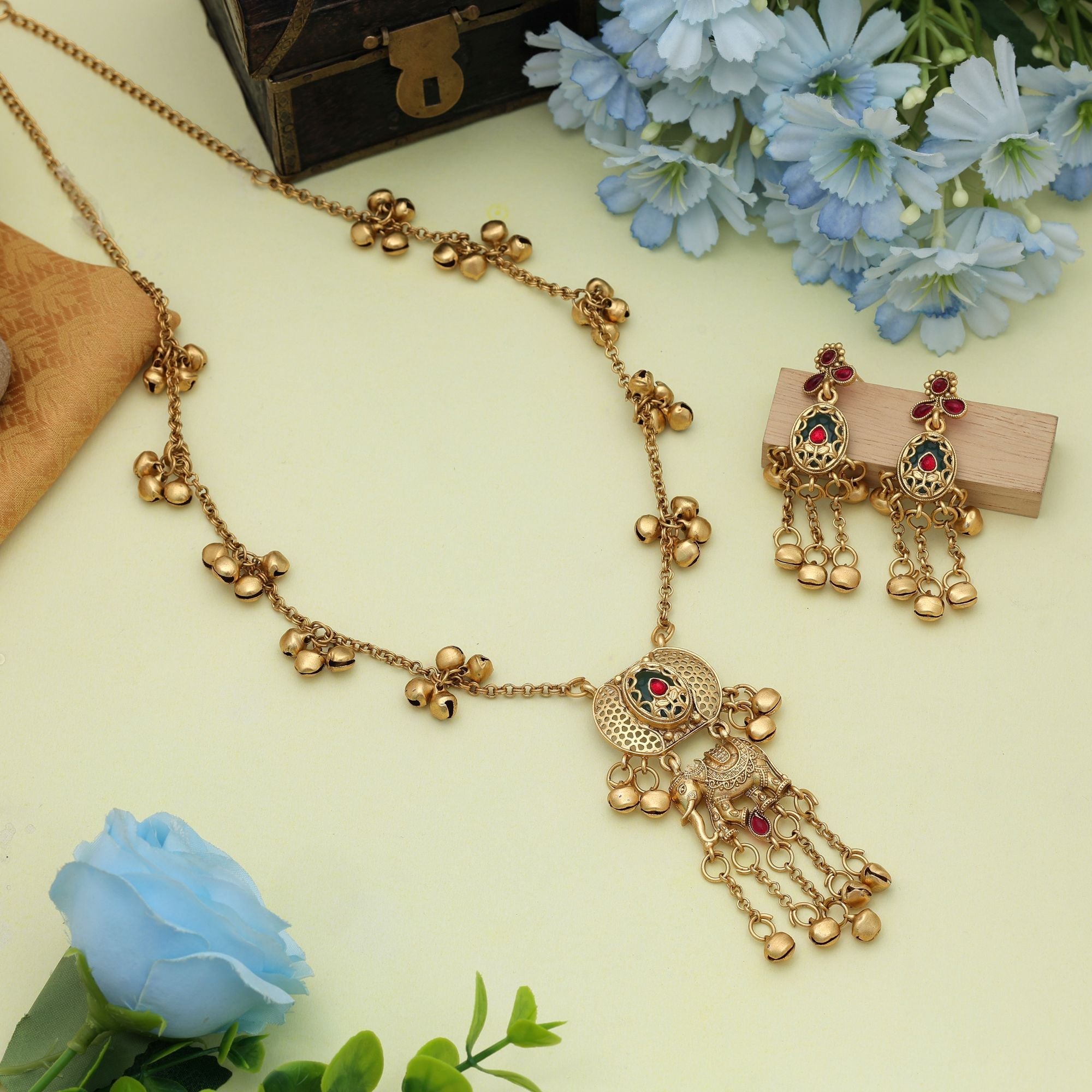 Rani & Green Color Matte Gold Necklace Set Traditional