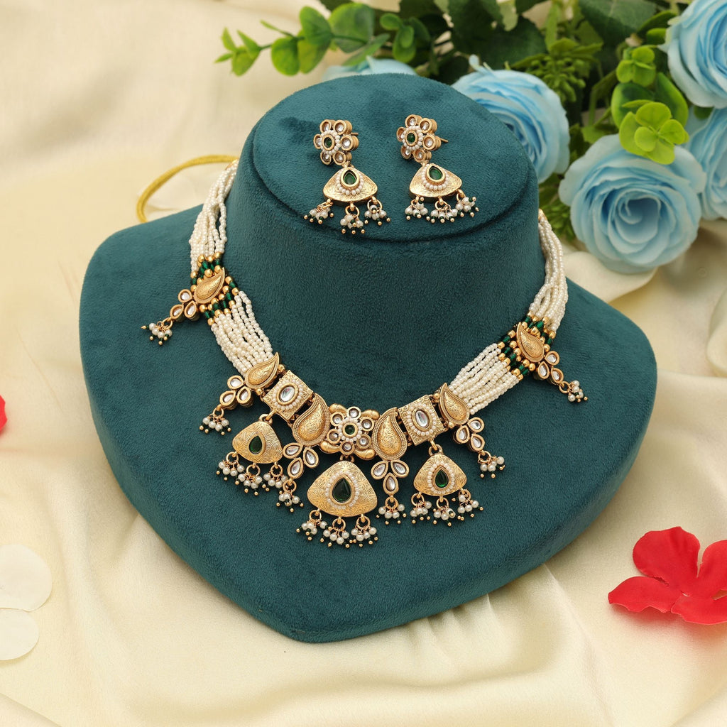 Green Color Matte Gold Necklace Set Party Wear