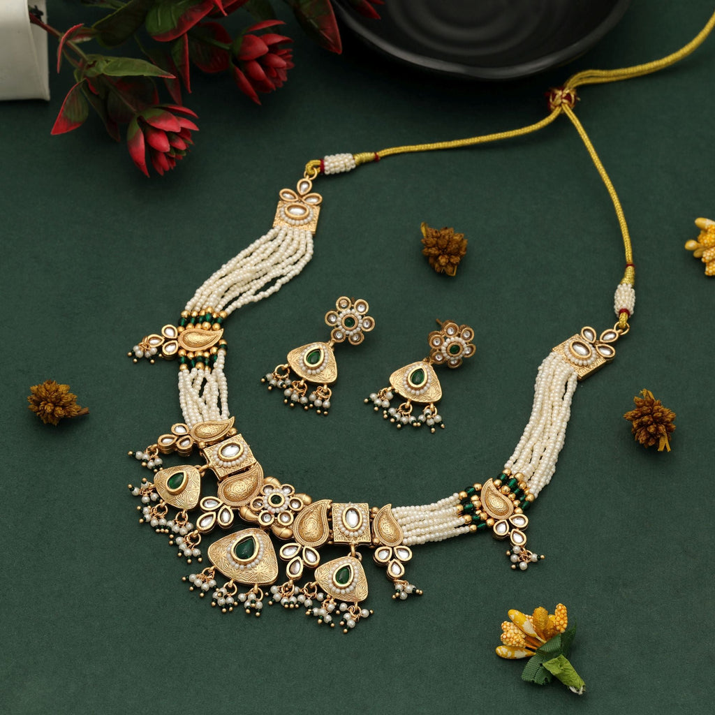 Green Color Matte Gold Necklace Set Party Wear