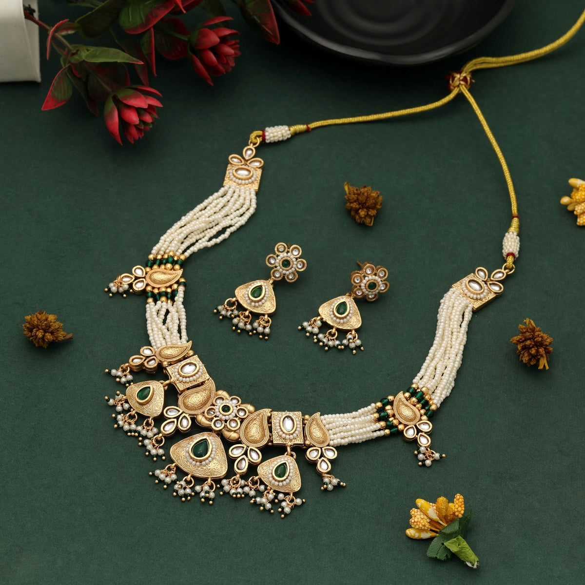 Green Color Matte Gold Necklace Set Party Wear
