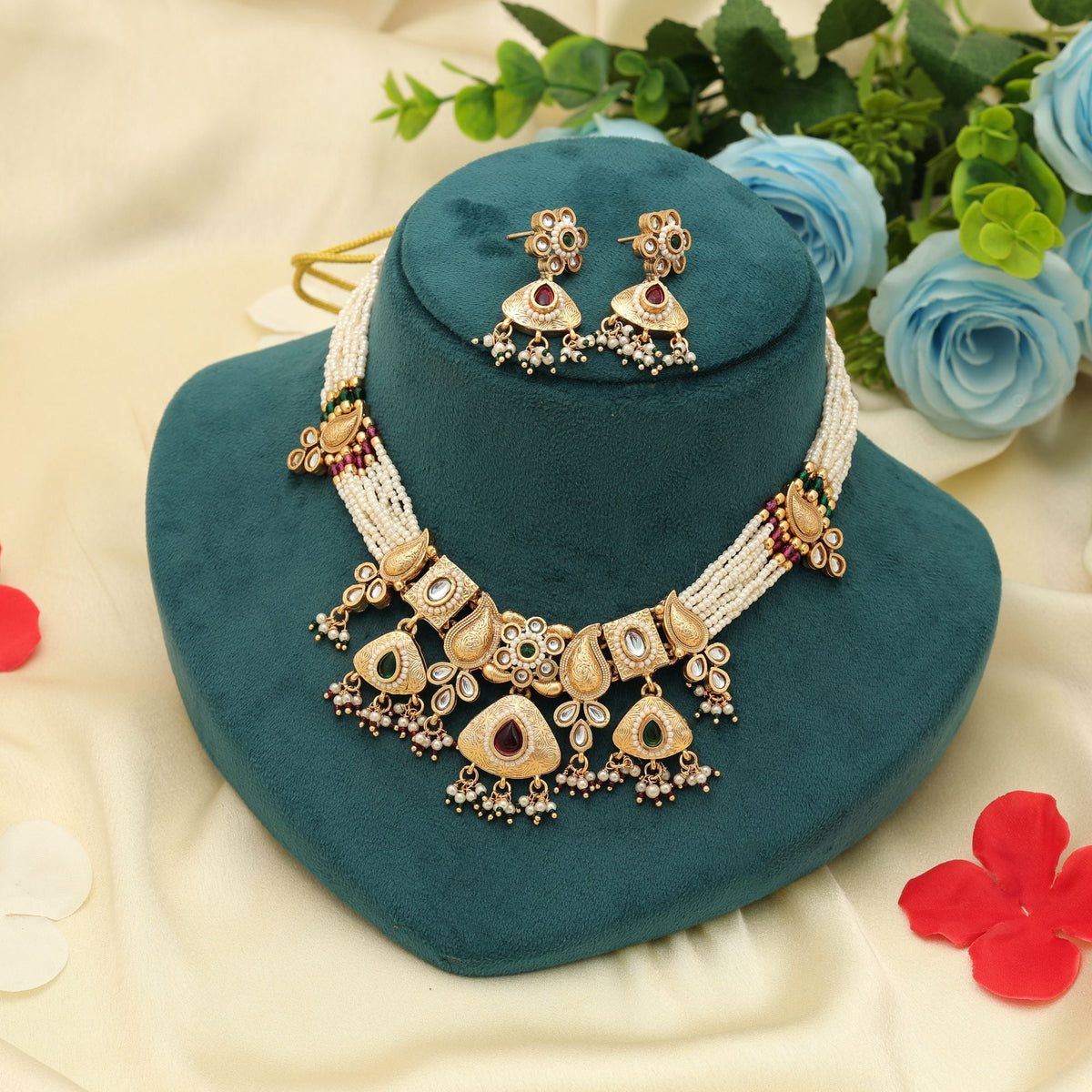 Rani & Green Color Matte Gold Necklace Set Festive