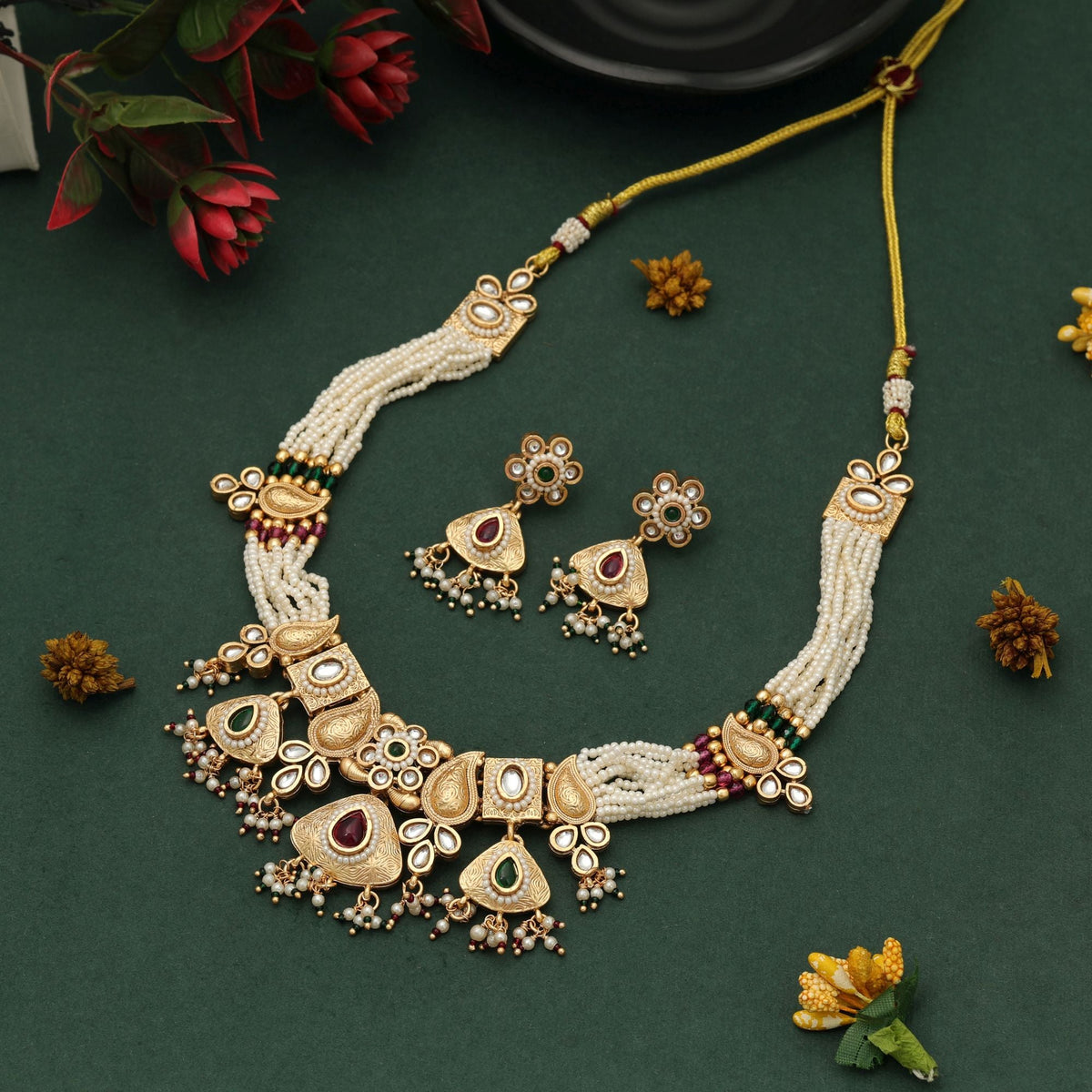 Rani & Green Color Matte Gold Necklace Set Festive