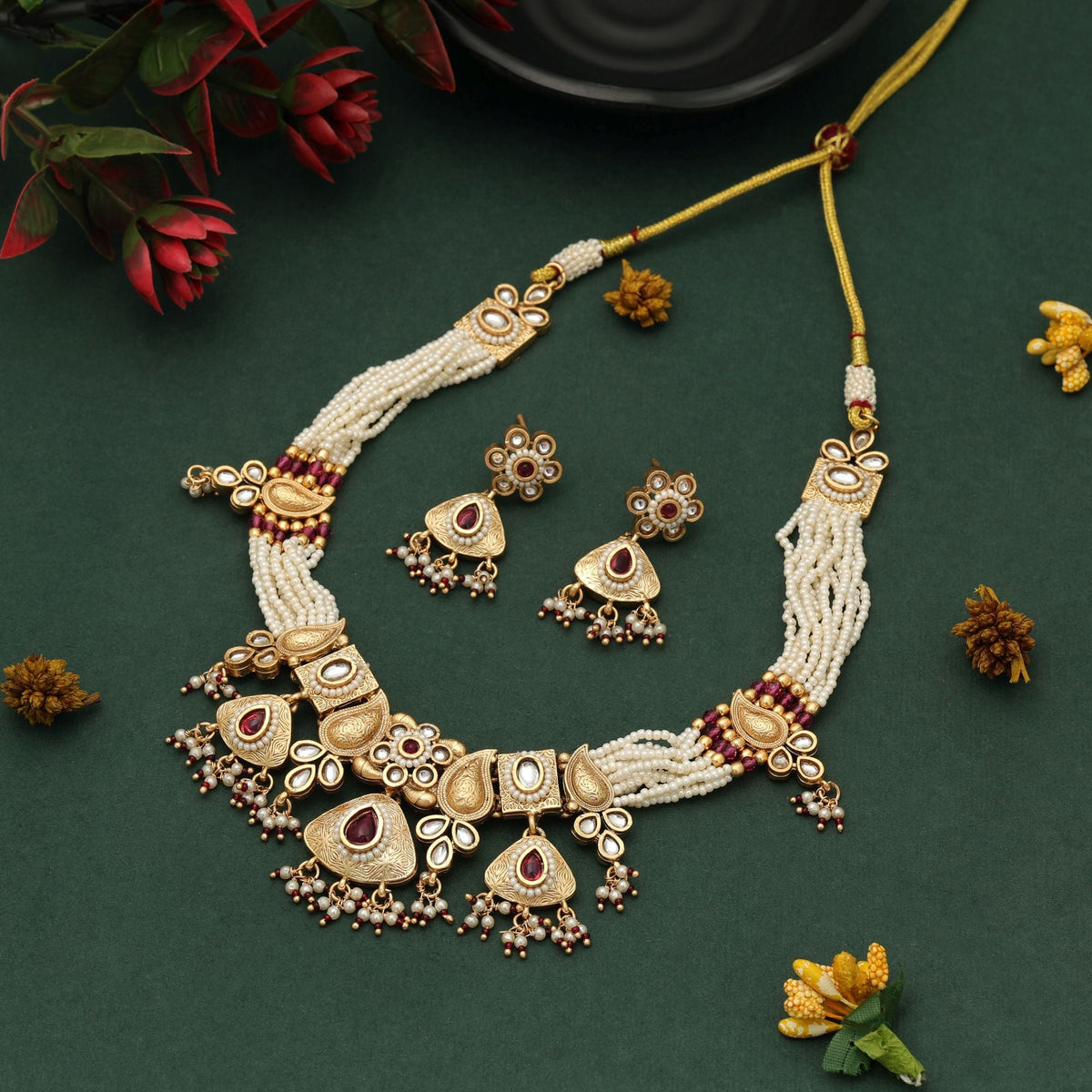Rani Color Matte Gold Necklace Set Daily Wear