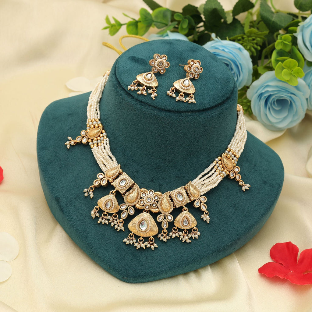 White Color Matte Gold Necklace Set Elegant