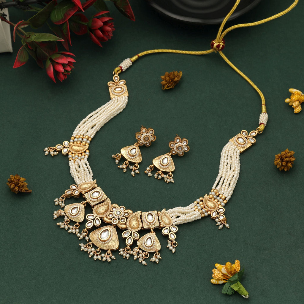 White Color Matte Gold Necklace Set Elegant