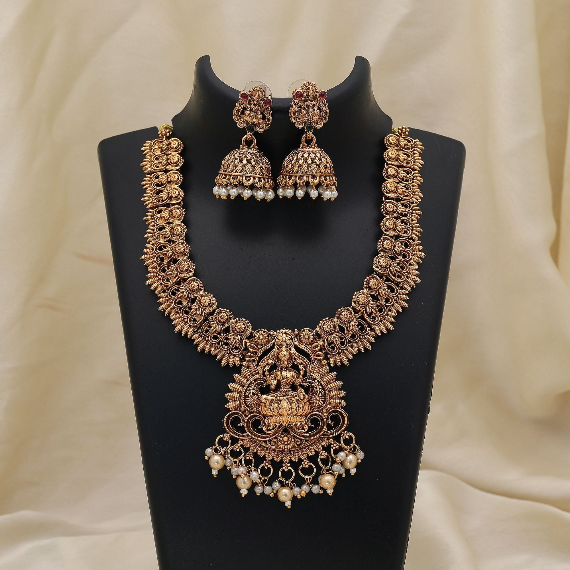 Gold Color Lord Laxmi Temple Necklace Set
