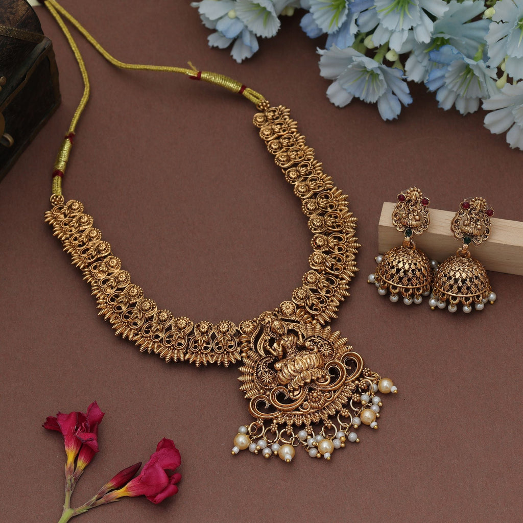 Gold Color Lord Laxmi Temple Necklace Set