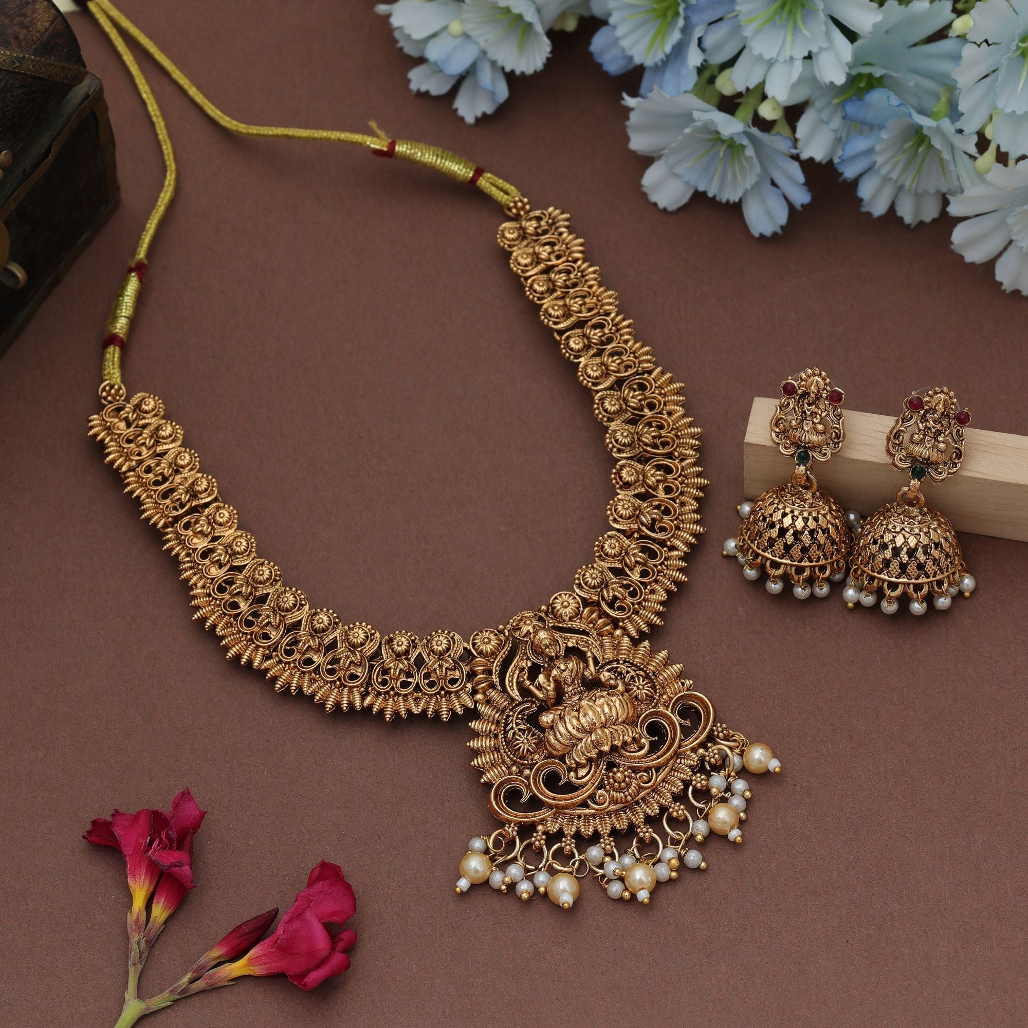 Gold Color Lord Laxmi Temple Necklace Set