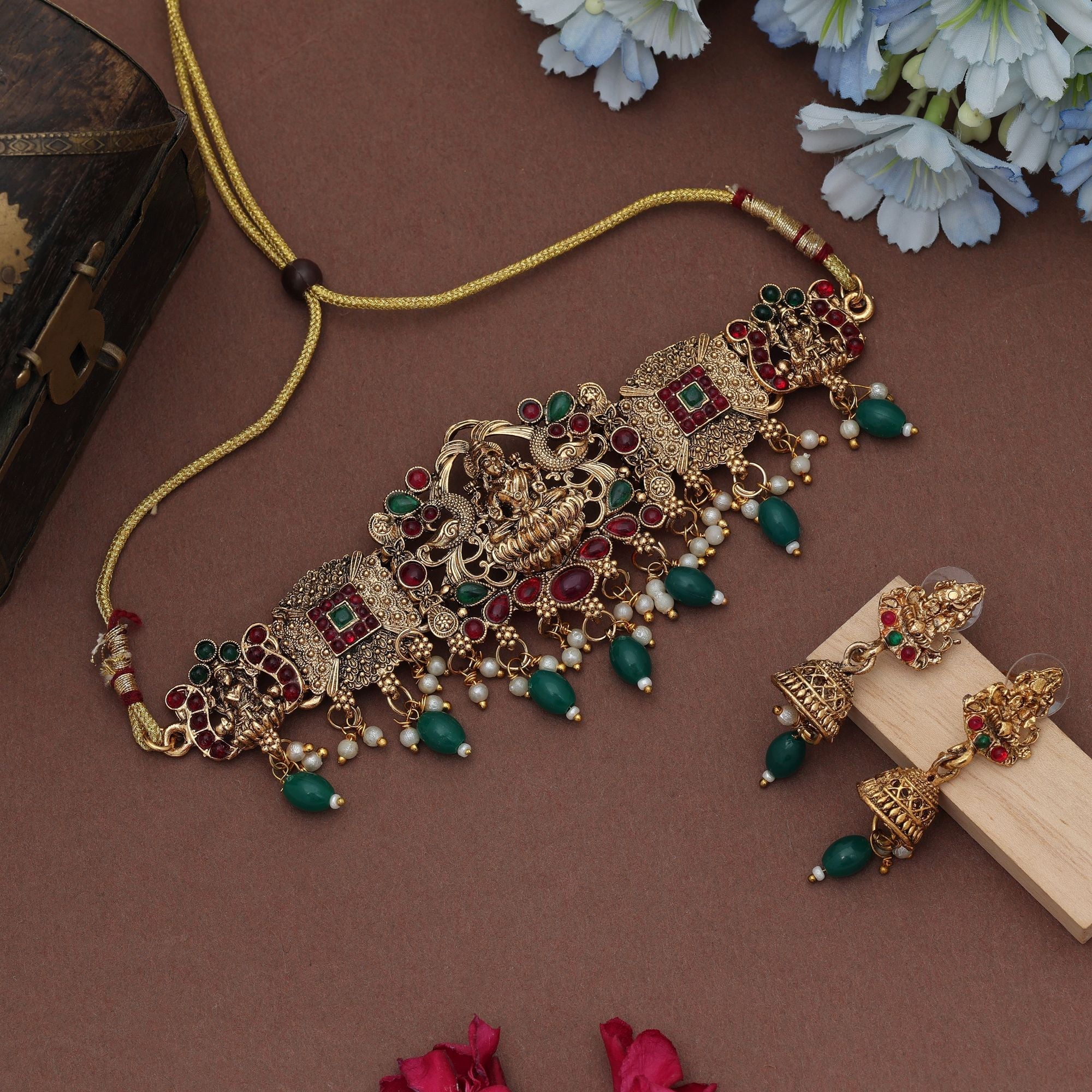 Green Choker Lord Laxmi Temple Necklace Set
