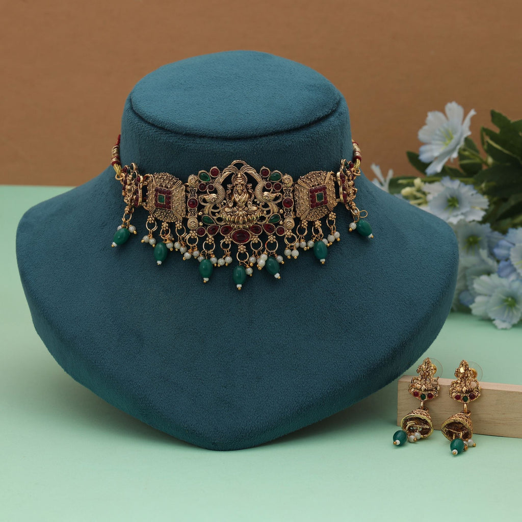 Green Choker Lord Laxmi Temple Necklace Set
