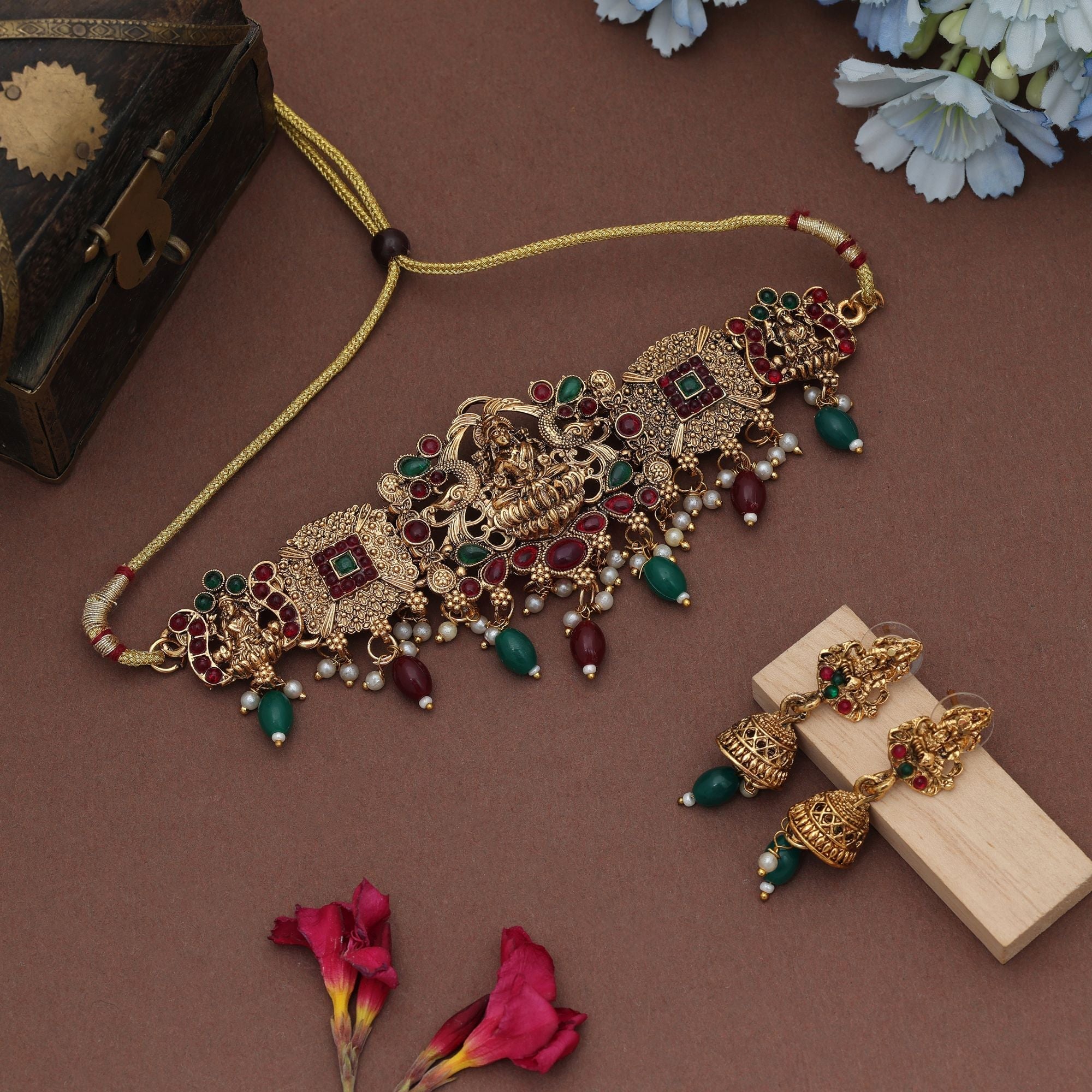 Maroon & Green Choker Lord Laxmi Temple Necklace Set
