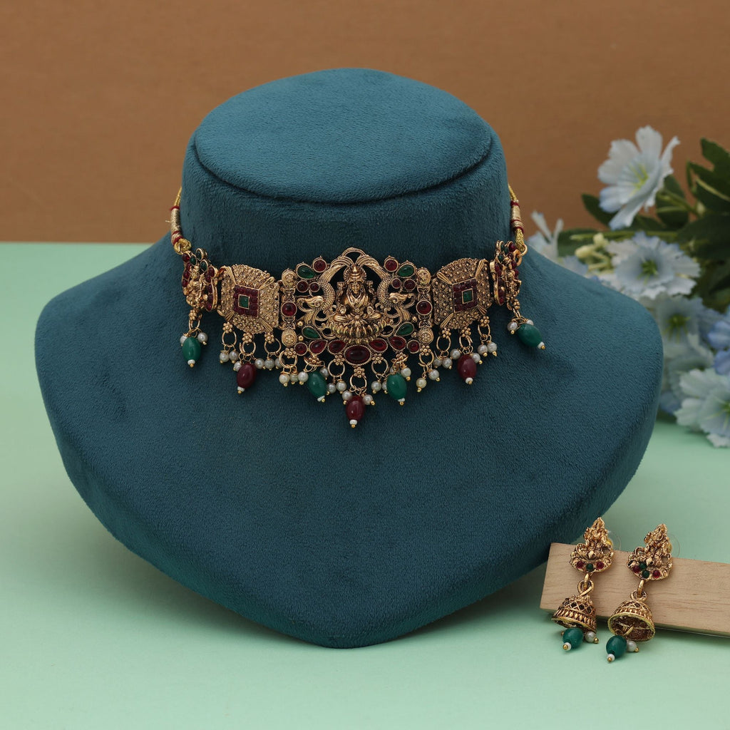 Maroon & Green Choker Lord Laxmi Temple Necklace Set