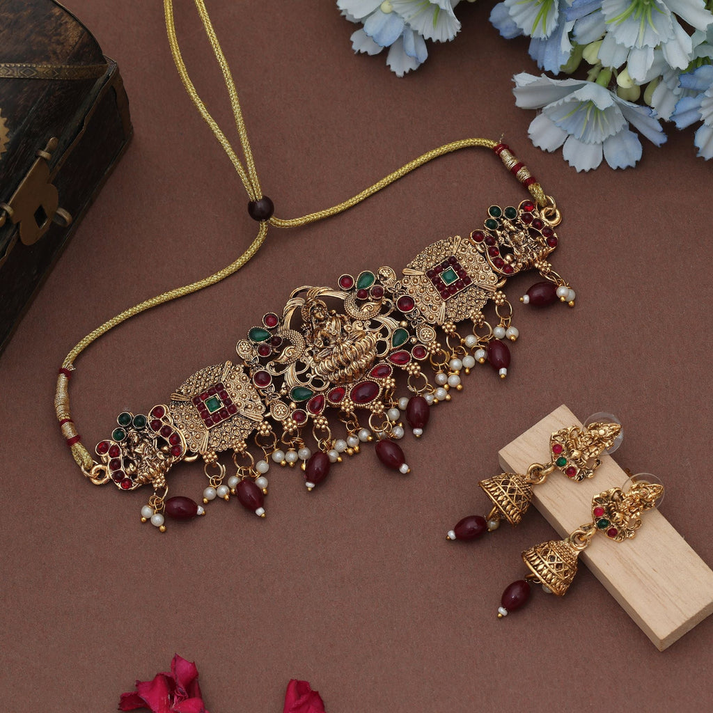 Maroon Choker Lord Laxmi Temple Necklace Set