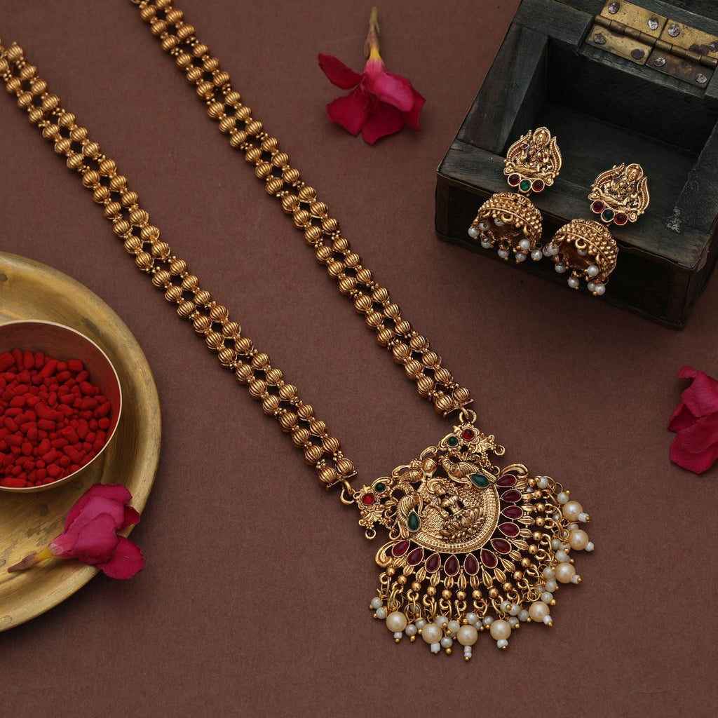 Rani & Green Lord Laxmi Long Temple Necklace Set