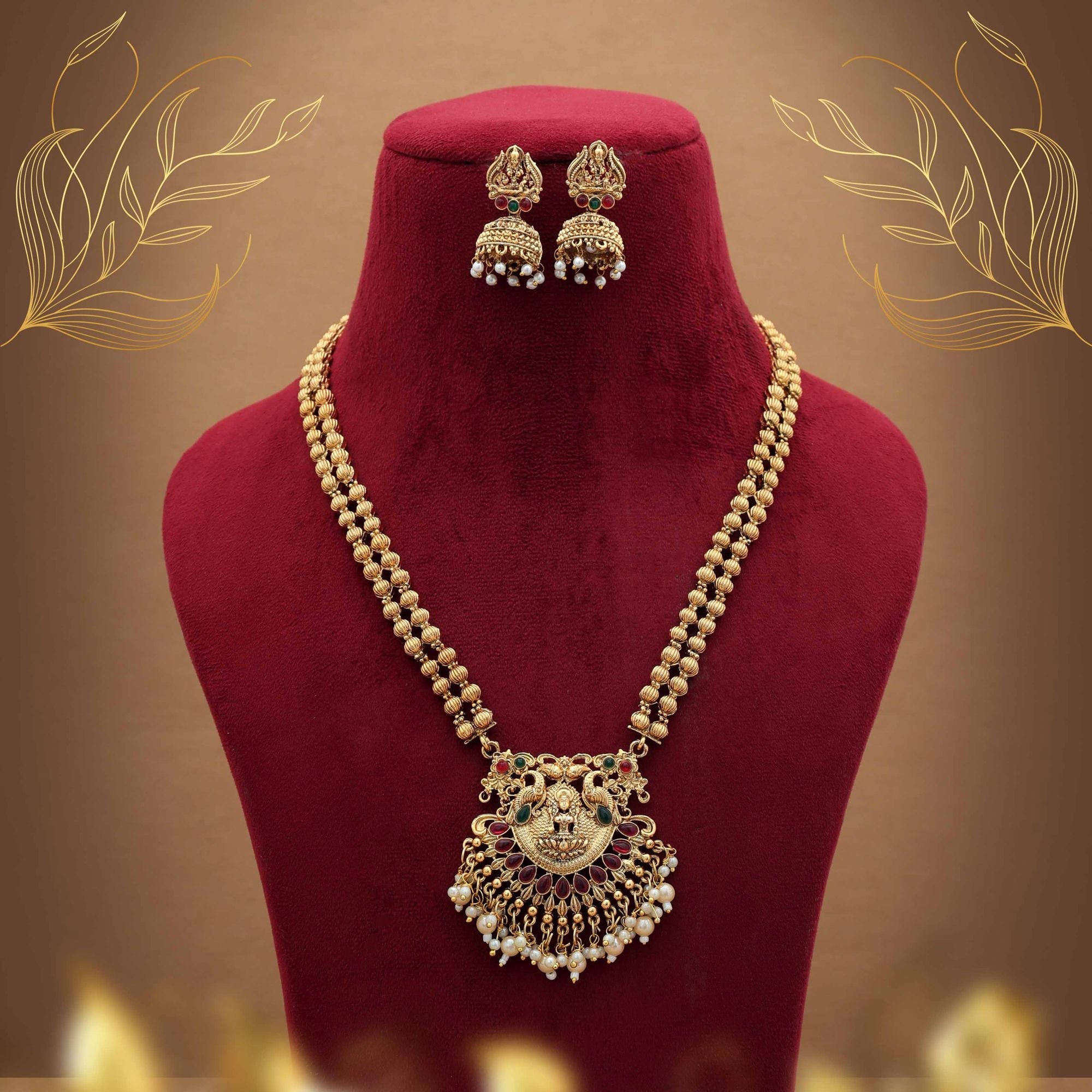 Rani & Green Lord Laxmi Long Temple Necklace Set