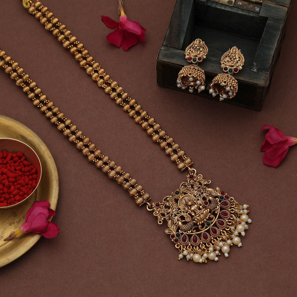 Traditional Rani & Green Long Temple Necklace Set