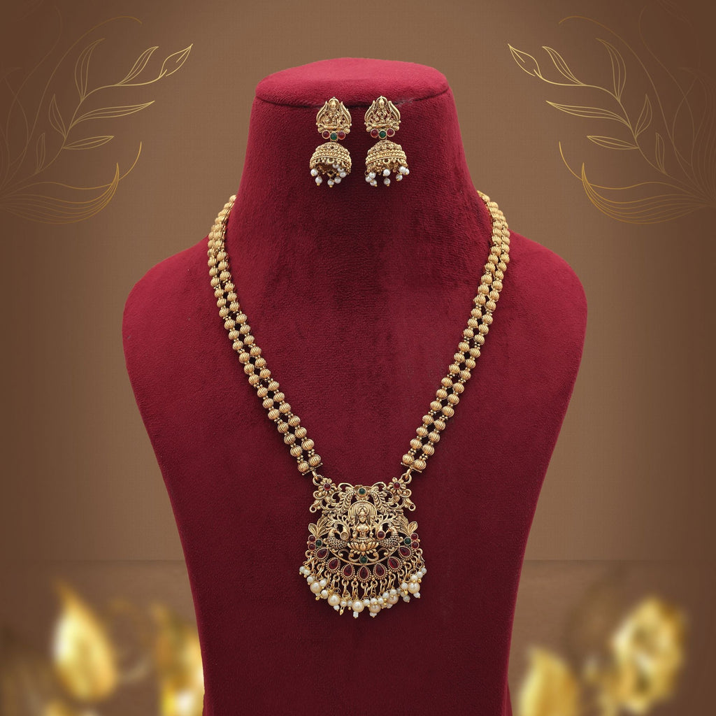Traditional Rani & Green Long Temple Necklace Set