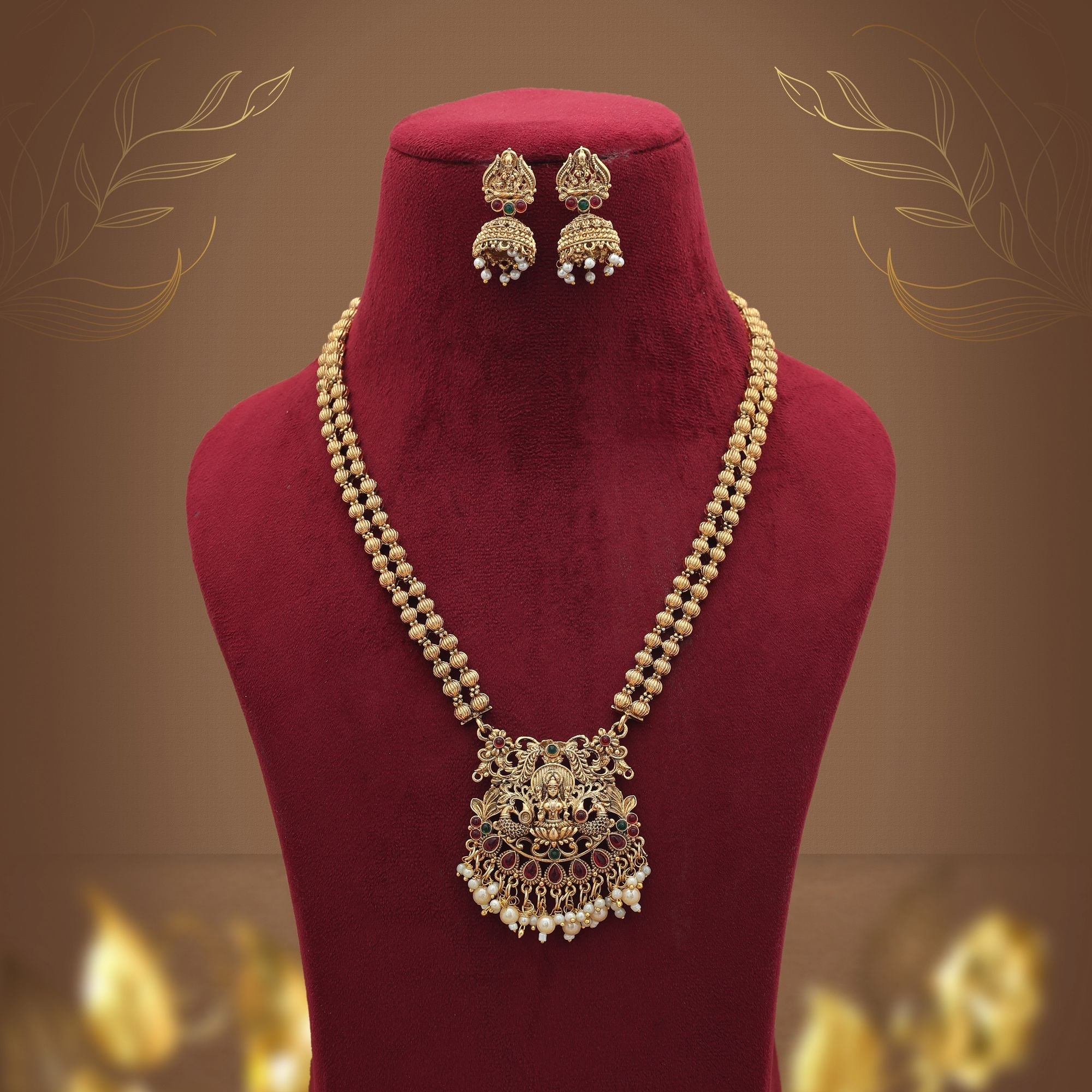 Traditional Rani & Green Long Temple Necklace Set