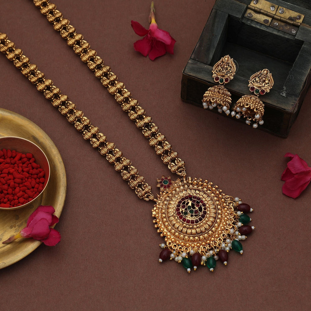 Maroon & Green Long Temple Necklace Set