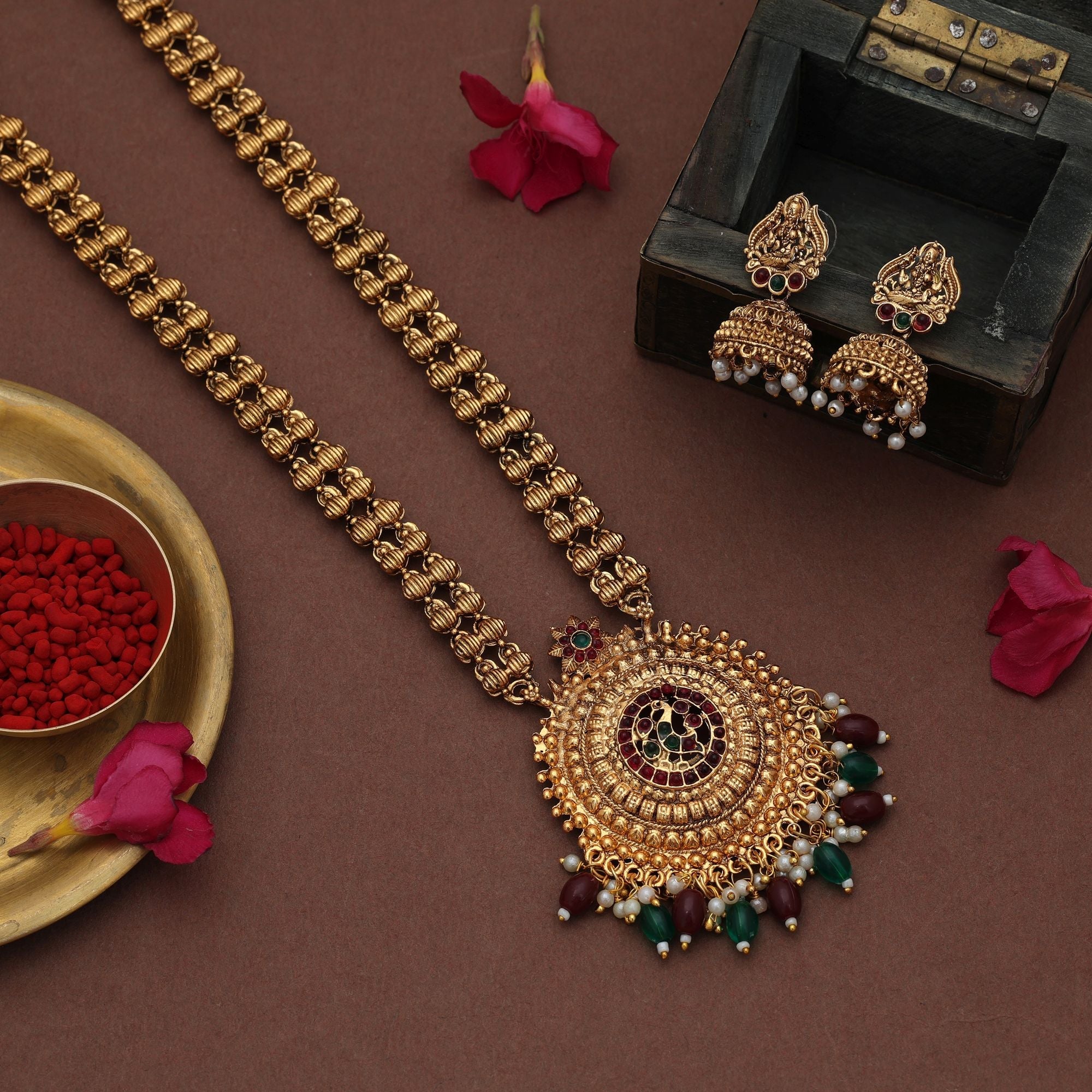 Maroon & Green Long Temple Necklace Set